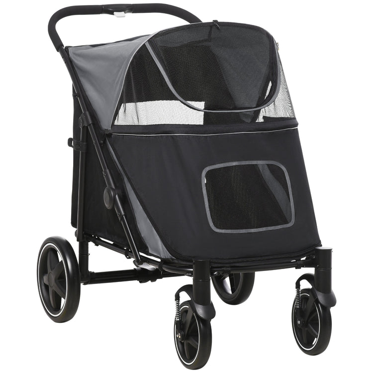 Dog Stroller for Large Medium Small Dogs up to 66 Lbs. 23.5" in Body Length, One-Click Foldable Pet Cat Stroller with Storage, Shock Absorption Wheels, Mesh Window, Safety Leash, Gray
