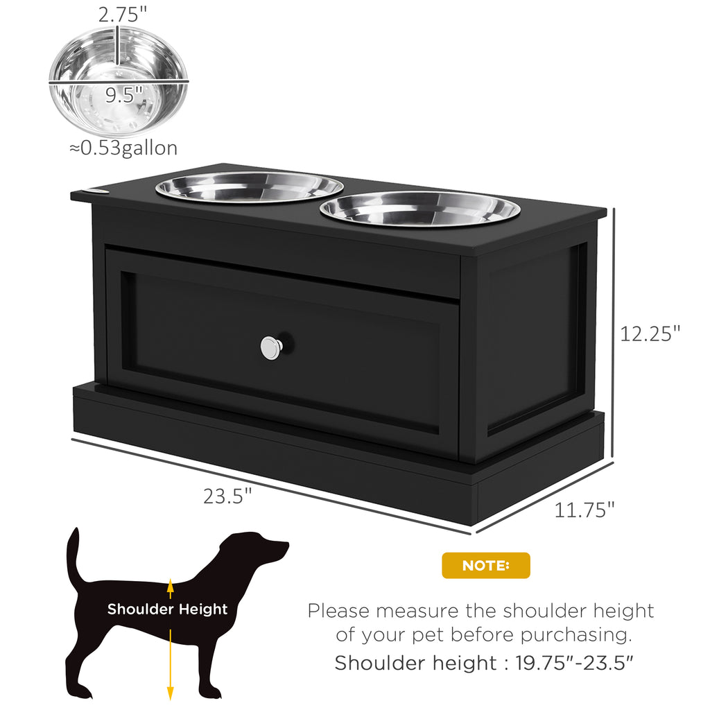 Black elevated dog feeder with 2 stainless steel bowls, storage drawer, ideal for pets 19.75-23.5" shoulder height