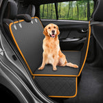 Golden retriever on black and orange quilted dog car seat cover for safe pet travel