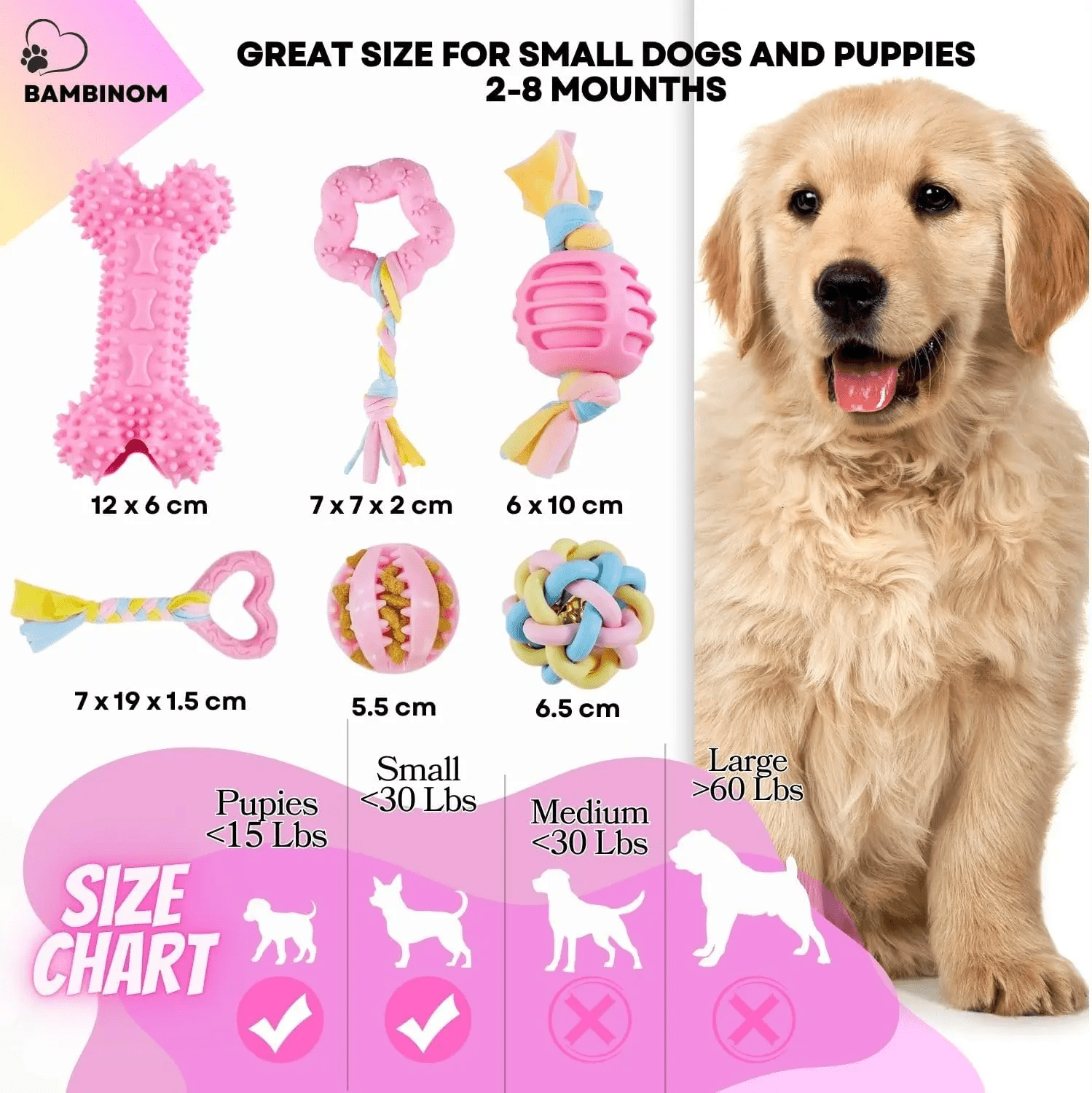 Pink Puppy Chew Toys 6-Pack, Soft Durable Rubber Teething Toys for Puppies & Small Dogs, Safe Non-Toxic Interactive Dog Toys for Small Breeds, Gentle on Teeth & Gums (Basket Not Included)
