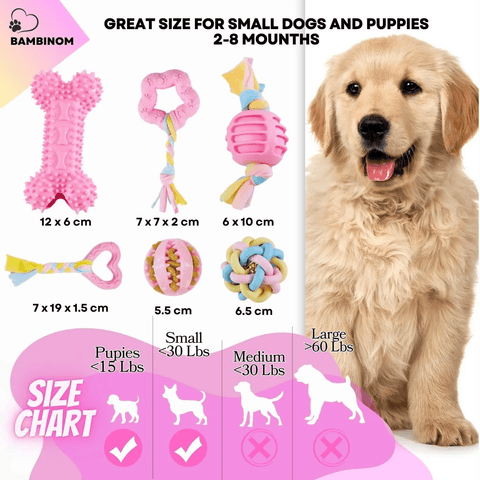 Pink Puppy Chew Toys 6-Pack, Soft Durable Rubber Teething Toys for Puppies & Small Dogs, Safe Non-Toxic Interactive Dog Toys for Small Breeds, Gentle on Teeth & Gums (Basket Not Included)