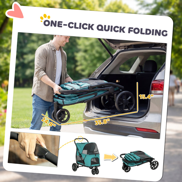 3 Wheel Pet Stroller with Easy One-Click Quick Fold, Mesh Window, Washable Cushion, for Medium Dogs, Dark Green