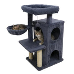Gray cat tree with cozy beds and scratching posts for cats to play and rest