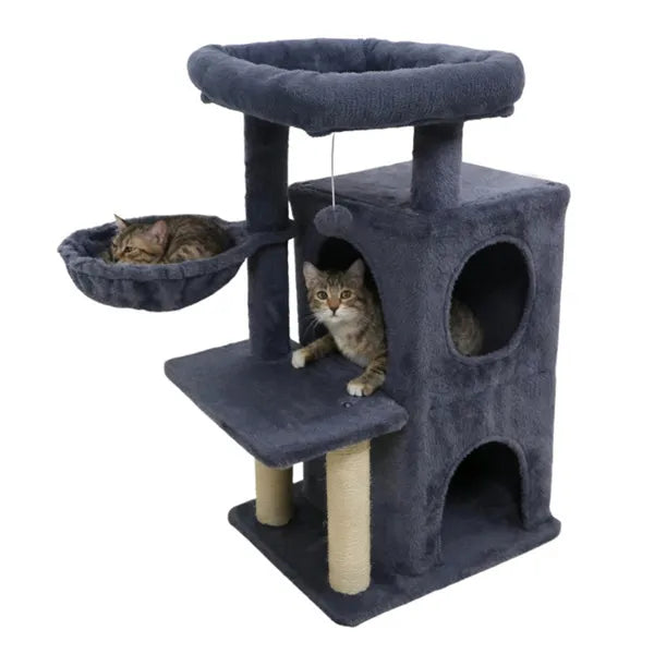 Gray cat tree with cozy beds and scratching posts for cats to play and rest
