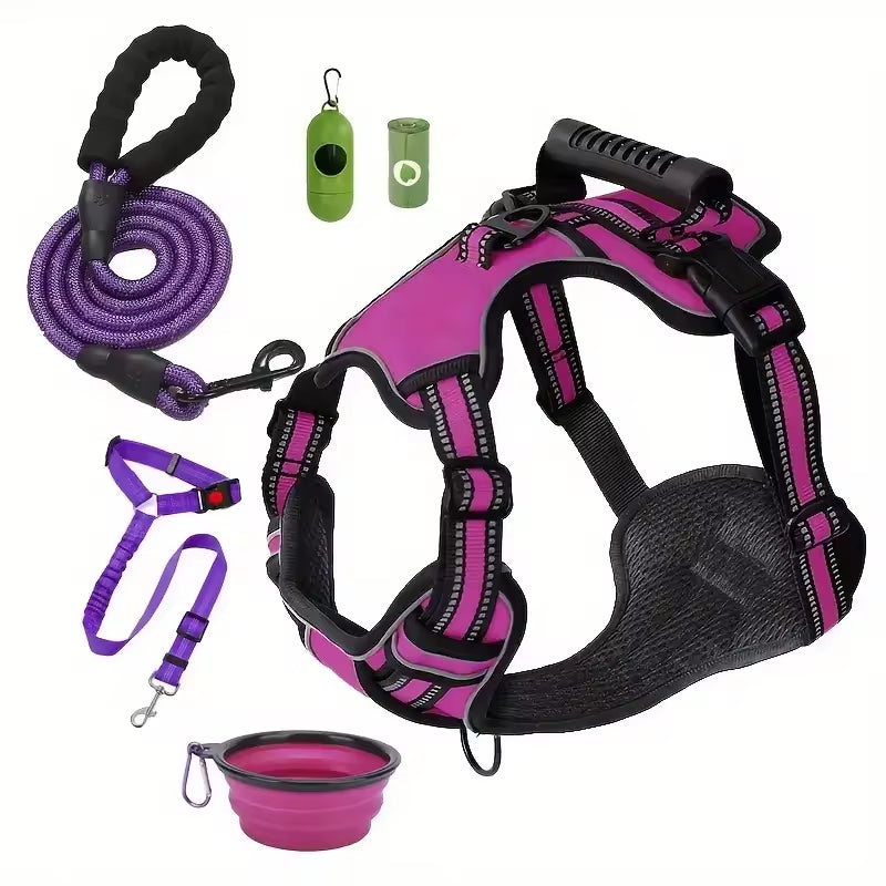 Pink and purple dog harness set with leash, poop bags, and collapsible bowl for pet travel and walks