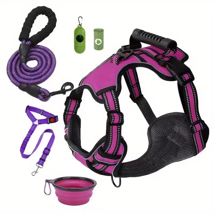 Pink and purple dog harness set with leash, poop bags, and collapsible bowl for pet travel and walks