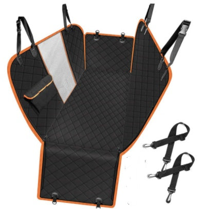 Black and orange quilted pet car seat cover with safety straps for dogs and cats