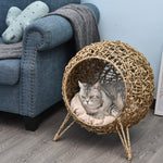 20.5" Weaved Cat Bed, Elevated Hand-woven Braided Banana Leaf Kitten House Condo with Cushion, Beige