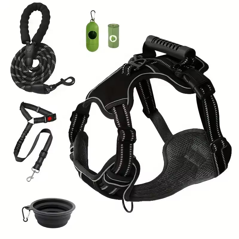 Black dog harness, leash, poop bags, and collapsible bowl for walks and outdoor adventures
