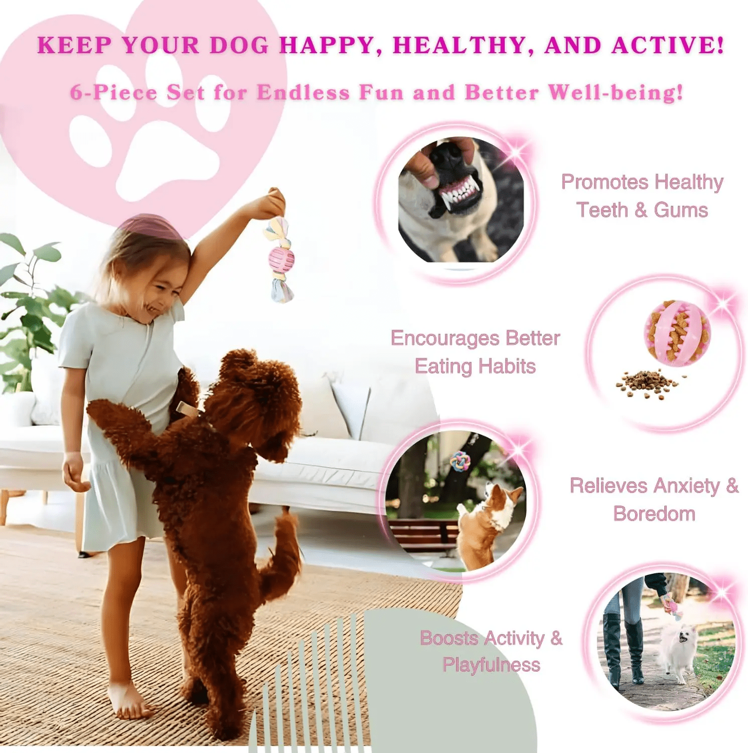 Pink Puppy Chew Toys 6-Pack, Soft Durable Rubber Teething Toys for Puppies & Small Dogs, Safe Non-Toxic Interactive Dog Toys for Small Breeds, Gentle on Teeth & Gums (Basket Not Included)