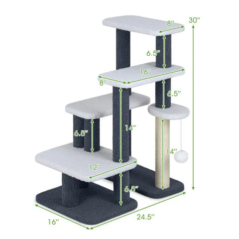 Fluffy cat on multi-level cat tree with scratching posts and toy, ideal cat accessories for play and rest.