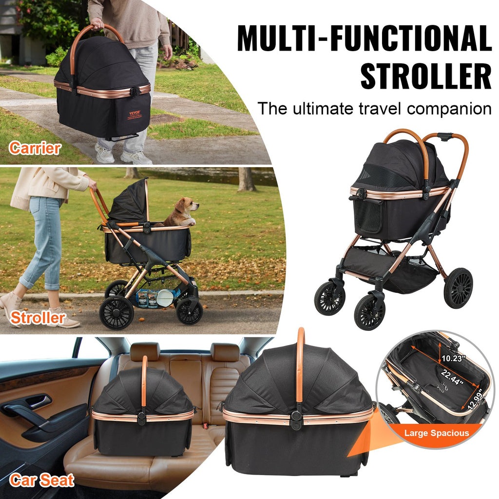 Pet Stroller, 4 Wheels Dog Stroller Rotate With Brakes, 66 Lbs Weight Capacity, Puppy Stroller With Detachable Carrier, Storage Basket And Pet Pad, For Small To Medium Sized Dogs, Black