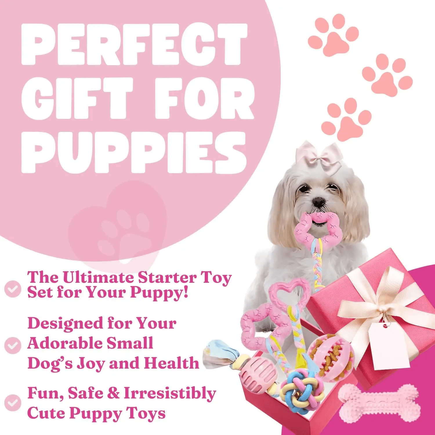 Pink Puppy Chew Toys 6-Pack, Soft Durable Rubber Teething Toys for Puppies & Small Dogs, Safe Non-Toxic Interactive Dog Toys for Small Breeds, Gentle on Teeth & Gums (Basket Not Included)
