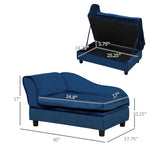 Blue velvet pet chaise lounge with storage, ideal for cats and small dogs, featuring dimensions and cozy design.