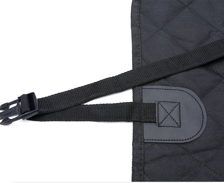 Black quilted pet car seat cover with adjustable strap and buckle for dog or cat travel safety