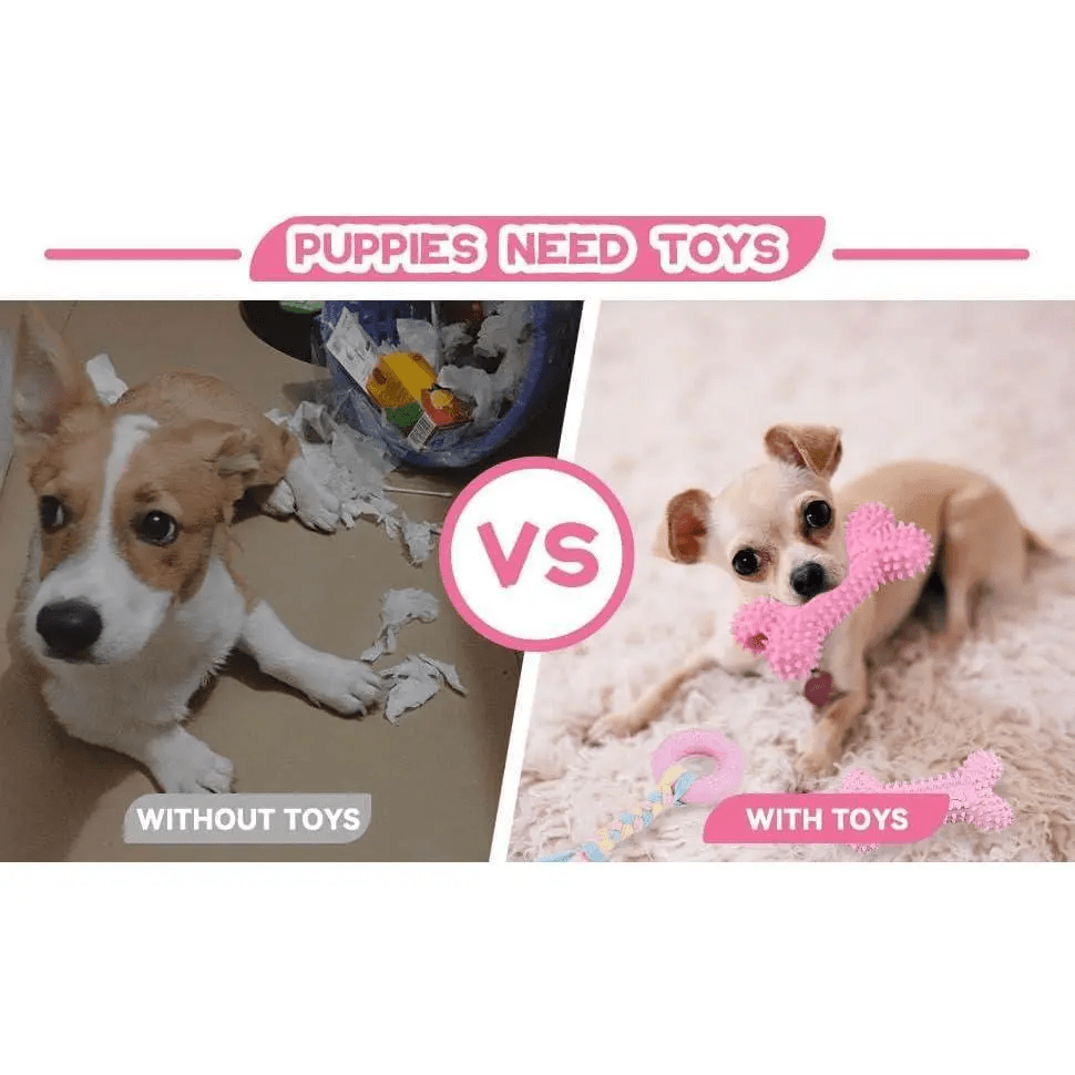 Pink Puppy Chew Toys 6-Pack, Soft Durable Rubber Teething Toys for Puppies & Small Dogs, Safe Non-Toxic Interactive Dog Toys for Small Breeds, Gentle on Teeth & Gums (Basket Not Included)