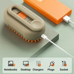 Portable pet grooming brush with USB charging, ideal for dogs and cats, compatible with notebooks, desktops, and chargers