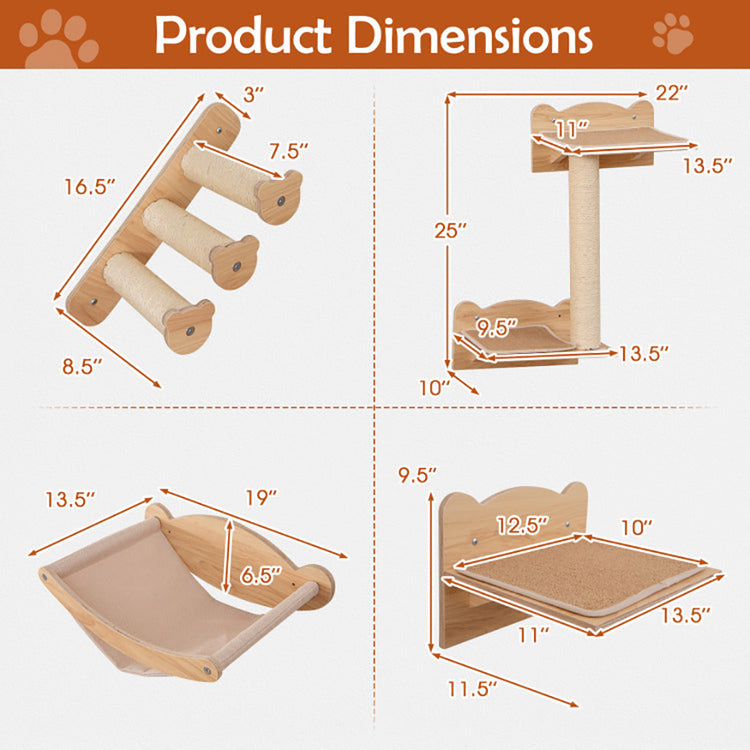 Cat Wall Furniture Set Of 4 With Hammock 2-step Cat Tree And Perch