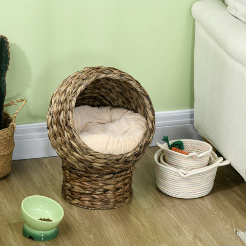 Handwoven Elevated Cat Bed with Soft Cushion & Egg Chair Shape, Basket Bed Kitty House with Stand, Raised Wicker House for Indoor Cats, 20