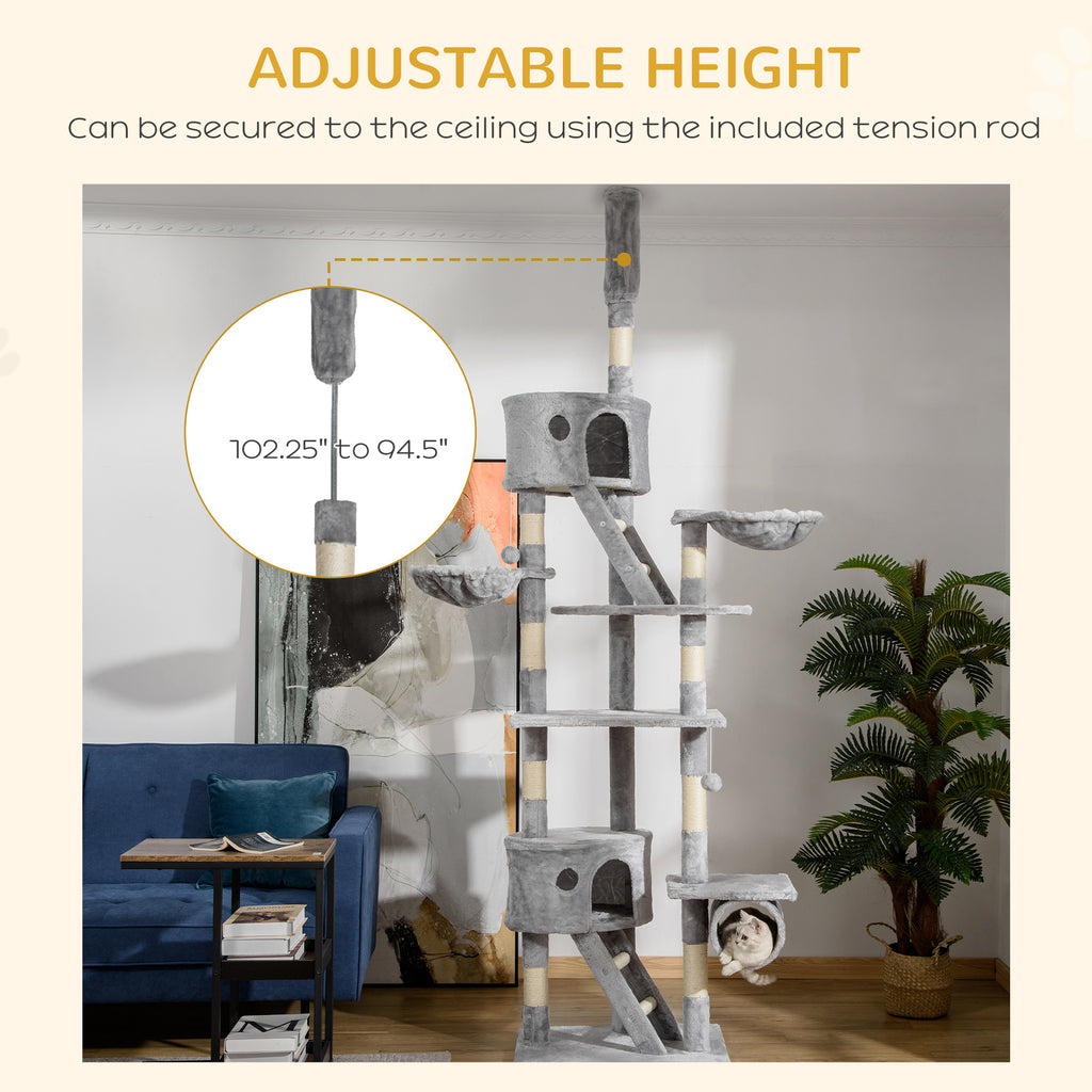 Floor to Ceiling Cat Tree, 94.5-102.5 inch Height Adjustable Cat Climbing Tower with Scratching Posts, Condos, Hammocks