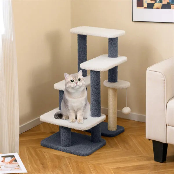 Fluffy gray cat on multi-level cat tree with scratching posts and cozy platforms