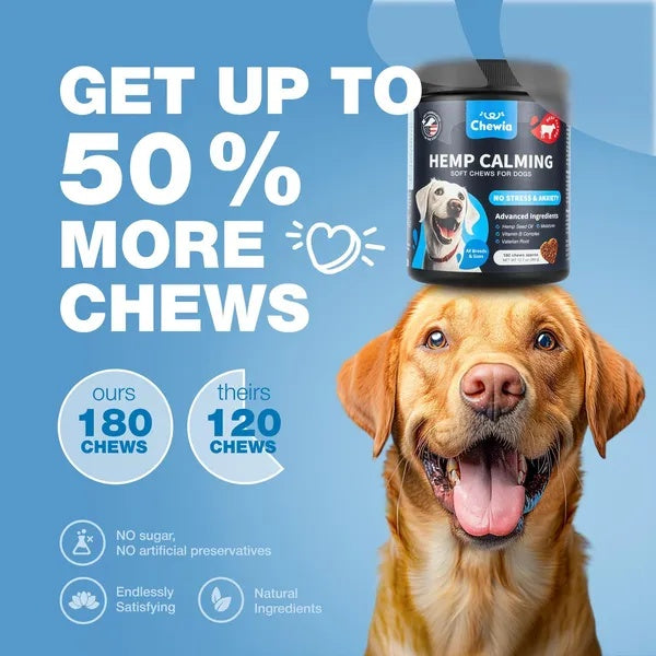 Happy dog with Hemp Calming soft chews for dogs, natural ingredients, no sugar or preservatives, 50% more chews