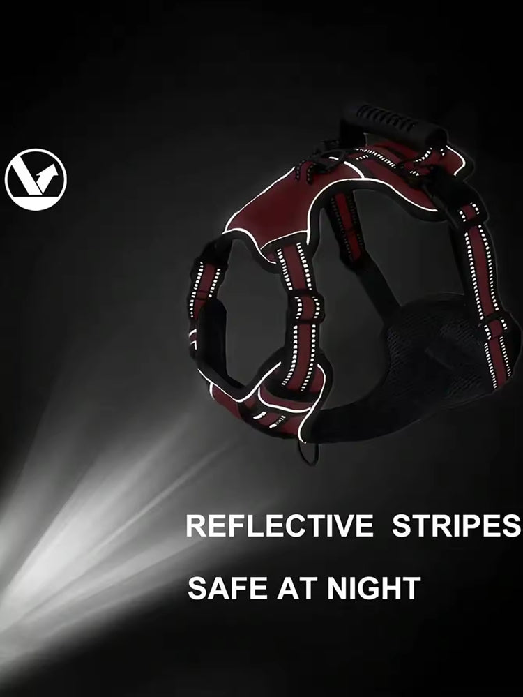 Red dog harness with reflective stripes for night safety, ideal pet accessory for walks