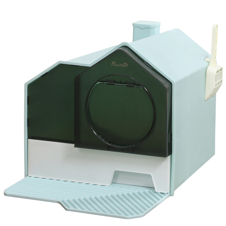 Hooded Cat Litter Box w/ Litter Mat, Litter Particle Catching, Light Blue