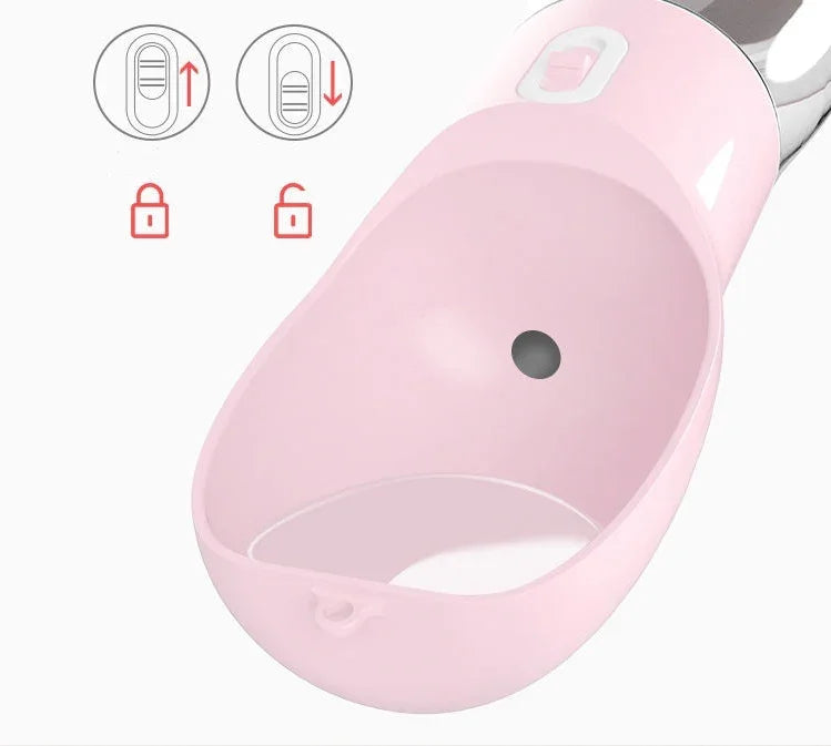 Pink pet water bottle with lock mechanism, ideal for dog toys and cat accessories on the go