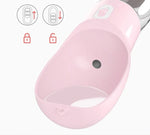 Pink pet water bottle with lock mechanism, ideal for dog toys and cat accessories on the go