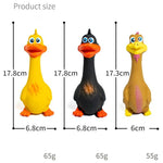 Colorful rubber duck dog toys with size specs, perfect for pet play and chewing