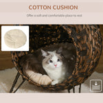 20.5" Weaved Cat Bed, Elevated Hand-woven Braided Banana Leaf Kitten House Condo with Cushion, Brown
