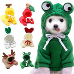 Adorable dog in green frog costume with cute pet outfits in background, perfect for fun pet accessories and dog toys.