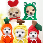 Adorable puppies in cute fruit and frog costumes, perfect pet toys and accessories for fun playtime.