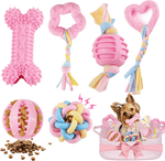 Pink Puppy Chew Toys 6-Pack, Soft Durable Rubber Teething Toys for Puppies & Small Dogs, Safe Non-Toxic Interactive Dog Toys for Small Breeds, Gentle on Teeth & Gums (Basket Not Included)