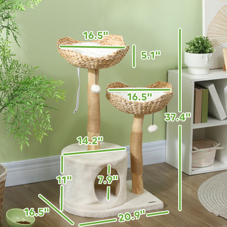 37 Inch Modern Cat Tree w/ Wooden Scratching Posts, Condo, Beds, Cushions, Toy Balls & Anti-Tip Kit