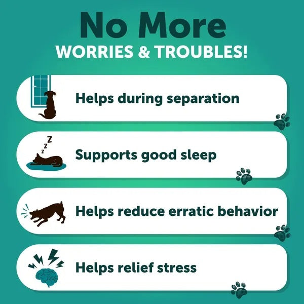 Pet calming benefits: reduces stress, aids sleep, eases separation anxiety, and curbs erratic behavior for dogs and cats.