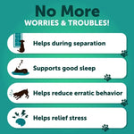 Pet calming benefits: reduces stress, aids sleep, eases separation anxiety, and curbs erratic behavior for dogs and cats.