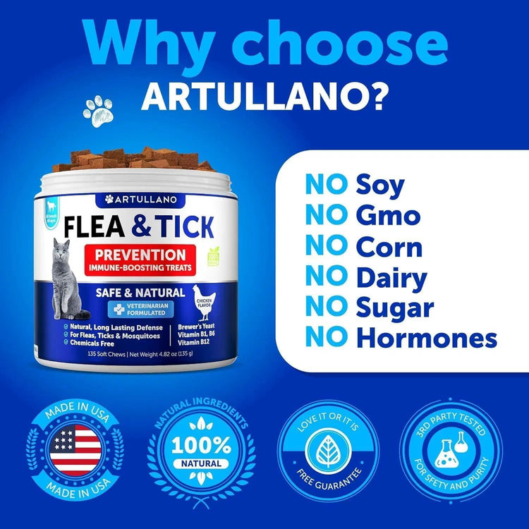 Flea Treatment For Cats Natural Flea And Tick Prevention Supplement For Cats Kittens Chewable Daily Oral Pills With Vitamins 135 Soft Chews Skin & Coat Dental Treats Digestion CANNOT Be Sold On Amazon