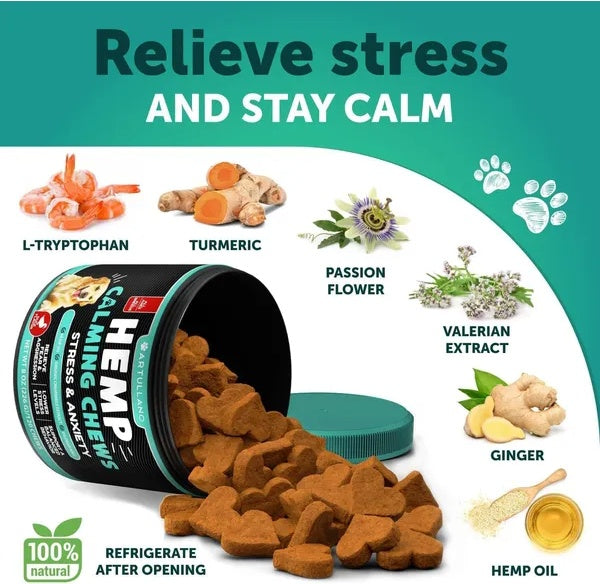 Calming hemp chews for dogs with natural ingredients like turmeric, ginger, and valerian extract to relieve stress and anxiety.