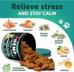 Calming hemp chews for dogs with natural ingredients like turmeric, ginger, and valerian extract to relieve stress and anxiety.