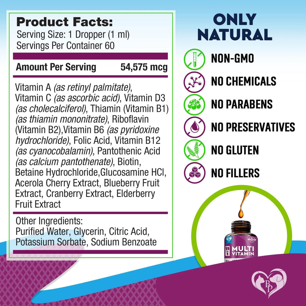 Cat And Dog Multivitamin Liquid With Glucosamine & Cranberry 15 In 1 Health Supplements For Urinary Tract Kidney Bladder Hip And Joint Skin And Coat 60 Ml