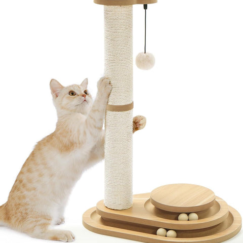 Medium-sized Two-layer Sisal Cat Scratching Post, Indoor Cat Interactive Toy, Wooden Ball Lane Hanging Ball For Kittens.