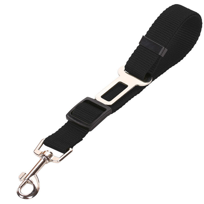 Black dog seatbelt harness with metal buckle and clip for safe car travel