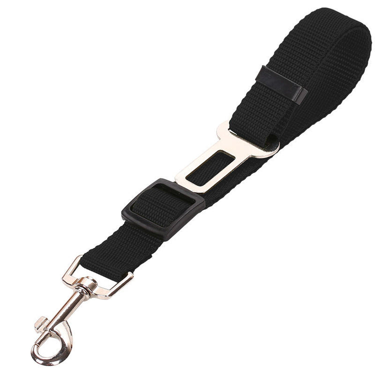 Black dog seatbelt harness with metal buckle and clip for safe car travel