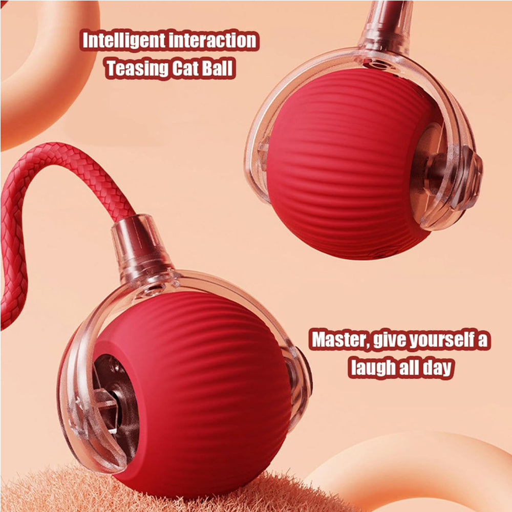 Interactive teasing cat ball toy with red ribbed design and braided rope for playful feline fun