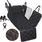 Black quilted waterproof dog car seat cover with safety straps and mesh window for pets