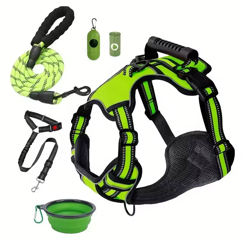 Green dog harness with leash, poop bags, and collapsible bowl for pet walks