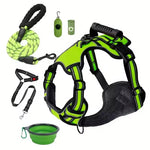 Green dog harness with leash, poop bags, and collapsible bowl for pet walks