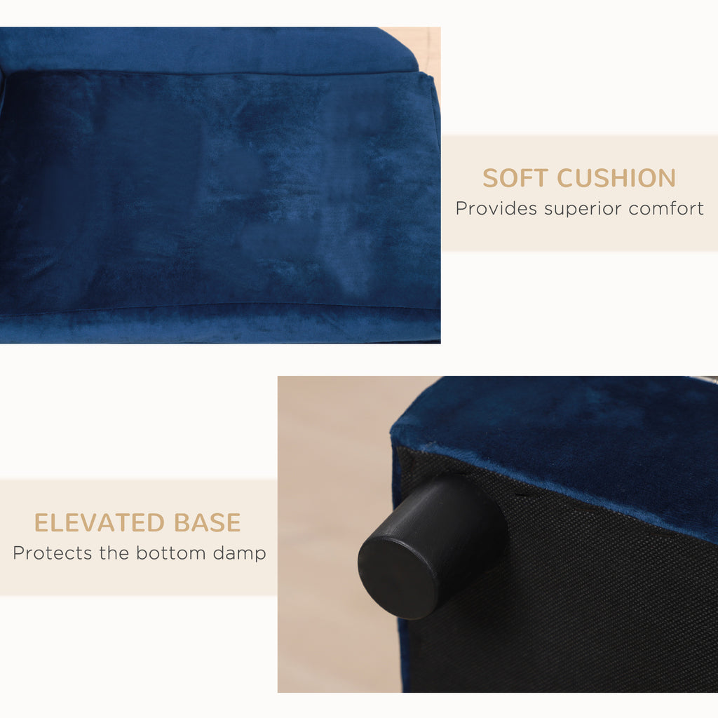 Luxury blue velvet pet bed with soft cushion and elevated base for comfort and damp protection